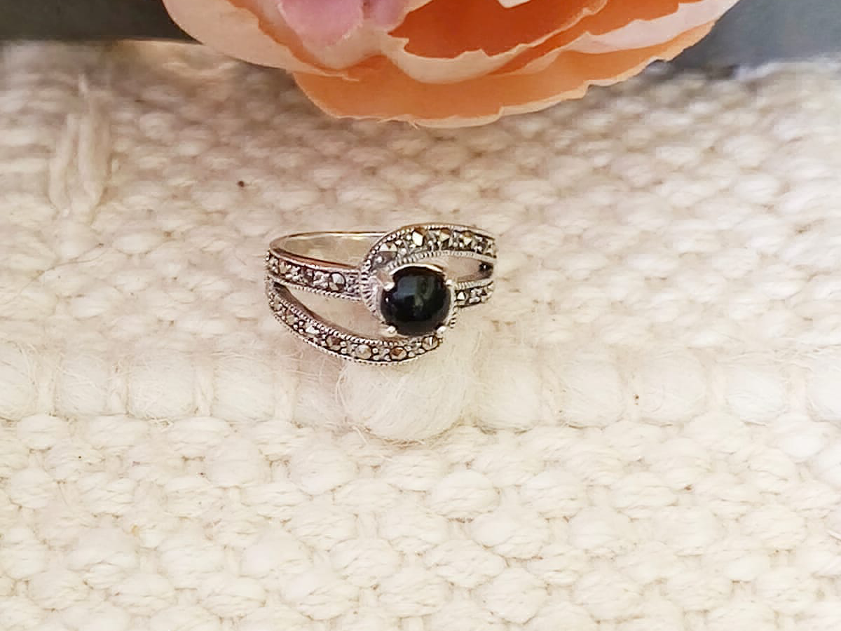 Onyx Marcasite 925 Silver Ring